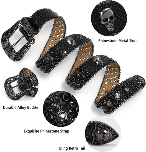 Vista 4 de WHIPPY Cinturón de diamantes de imitación para hombres y mujeres, cinturón de cuero occidental, hebilla ancha, cinturón de vaquera, con tachuelas