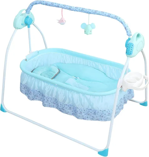 Vista 3 de TFCFL Cuna eléctrica para bebé, de 0 a 18 meses, columpio automático con música, capacidad de 55.1 lbs/55 libras, cuna plegable para bebé, azul