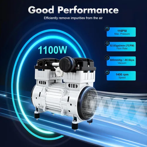 Vista 2 de Bomba de vacío sin aceite 7CFM 1100w, cabezal de compresor de aire silencioso 110v Bomba de silencio de diafragma Bomba de silencio de diafragma