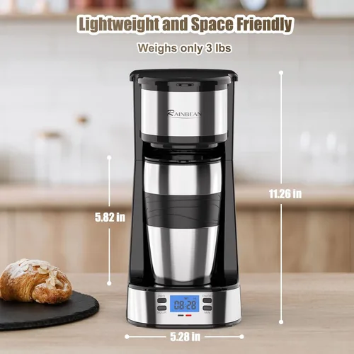 Vista 5 de RAINBEAN Cafetera de una sola porción, cafeteras programables de una sola porción, temporizador de arranque/apagado automático, cafetera de taza