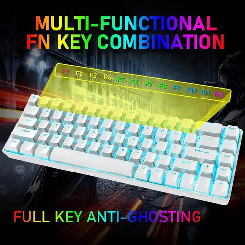 Vista 4 de Combo de teclado y mouse mecánicos 60% para juegos con mini ergonómico, anti-fantasma, retroiluminación múltiple de 68 teclas, 6400 DPI, ratones
