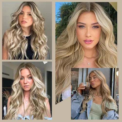 Vista 6 de WECAN Extensión de cabello con clip, de 20 pulgadas, mezcla de rubio ceniza y rubio decolorado, 6 piezas, extensiones de cabello largo ondulado
