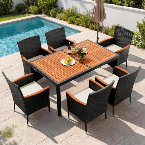 Vista 9 de Devoko Juego de 5 muebles, conversación de patio con parte superior de madera de acacia, mesa de comedor al aire libre de ratán y sillas para patio