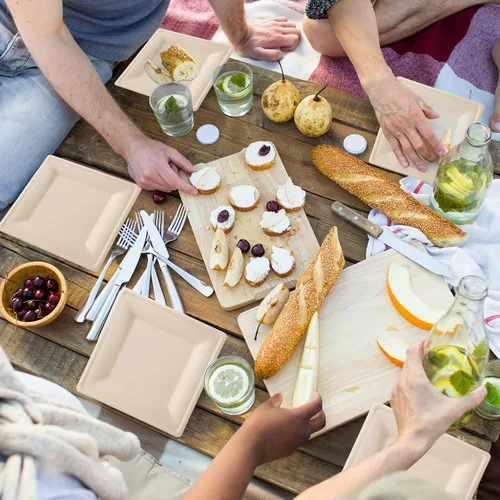 Vista 7 de ECOLipak Paquete de 100 platos cuadrados compostables, platos de papel desechables de 10 pulgadas hechos de caña de azúcar, ecológicos, resistentes