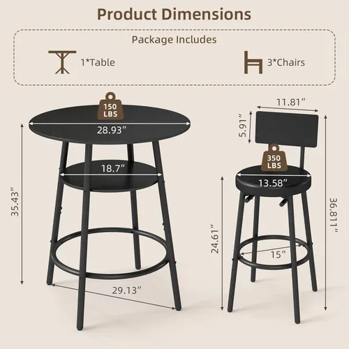 Vista 2 de Zevemomo Juego de mesa redonda de bar de 4 piezas de 28.9 pulgadas, juego de 3 taburetes de bar, mesa de bar de cocina negra, mesa de desayuno