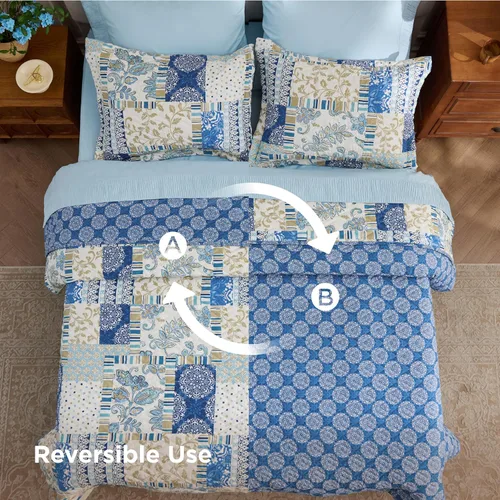 Vista 9 de Bedsure Patchwork Quilts Queen Size - Reversible Blue Floral Comforter Queen Size, Spring Lightweight Bedspread Boho Quilted Bedding, Soft