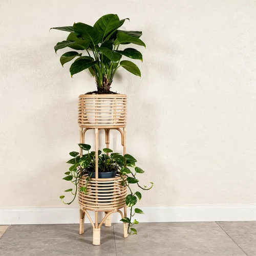 Vista 7 de KOUBOO Soporte para plantas de ratán de dos niveles, maceta natural, grande, marrón