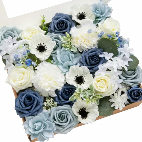 Vista 23 de Ling's moment Caja de flores artificiales, tallos de follaje artificial falso, rosas de espuma, dalia de seda, hierba de pampas, flor de tela