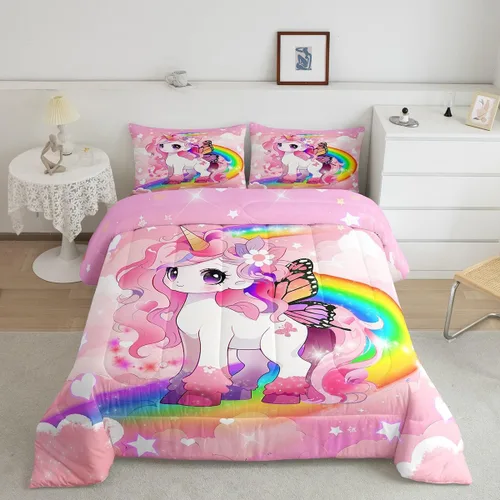 Vista 18 de Feelyou Lindo edredón de unicornio arcoíris tamaño individual, edredón de unicornio lindo para niñas pequeñas arco iris, estrella, galaxia