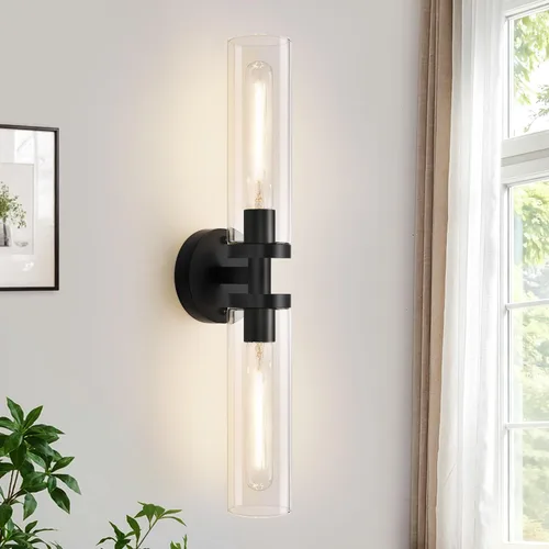 Vista 10 de Indoi Aplique de pared negro y dorado, Apliques de pared de baño con vidrio transparente, Luminarias de apliques de pared modernos para espejo