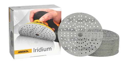 Vista 19 de Mirka Papel de lija Iridium Premium Ø 6 pulgadas Hook & Loop, grano 40, 50 piezas/para lijar pintura, masilla, imprimación, madera, acero
