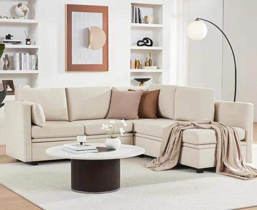 Vista 3 de Weture Sofá cama modular seccional, sofá cama reversible, sofá cama modular de 6 asientos con almacenamiento y diván, sofás para sala de estar, beige
