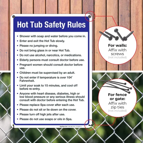 Vista 4 de Letrero de reglas de seguridad para bañera de hidromasaje, cartel de piscina, 10 x 14 pulgadas, libre de óxido, aluminio 040, resistente a