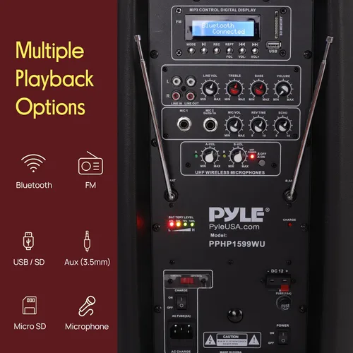 Vista 3 de Sistema de altavoces portátil para karaoke Pyle PA - Altavoz activo alimentado de 1600W compatible con Bluetooth, batería recargable, ruedas