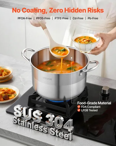 Vista 2 de VEVOR Olla de acero inoxidable, olla de acero inoxidable de 8 cuartos con tapa de vidrio, sin PFOA, sin PFAS, compatible con estufas de gas, cocinas