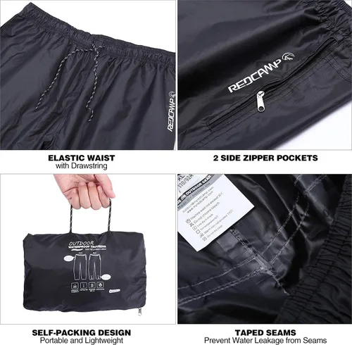 Vista 4 de REDCAMP Unisex Rain Pants Waterproof Lightweight with Side Zipper, PU5000mm Great for Hiking Outdoor, MLXLXXL Black