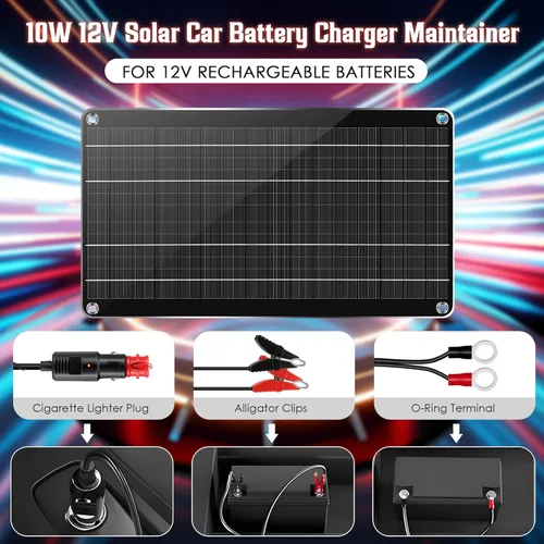 Vista 3 de Saillong Cargador Mantenedor de Batería Solar para Automóvil de 10W 12V, Panel Solar Impermeable, Cargador Solar Portátil de Goteo con Enchufe