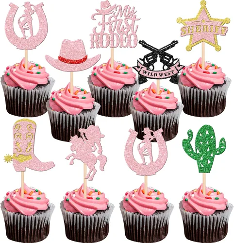 Rsstarxi Paquete de 24 adornos de vaquera para cupcakes con purpurina, cactus, pistola, cupcakes, alimentos, sombreros de vaquera, botas, Diseño 2