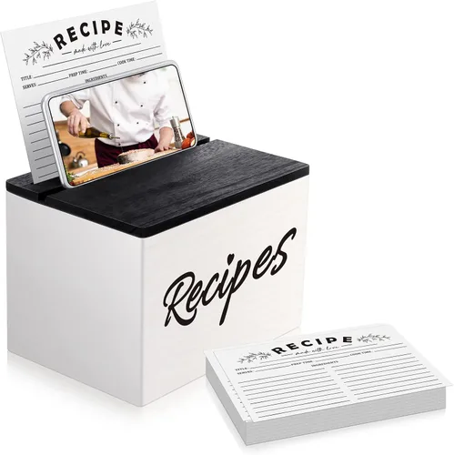 Vista 9 de Hoteam Caja de recetas de madera con tarjetas, soporte para tarjetas de recetas de madera rústica con 50 piezas, juego de tarjetas de 5 x 7, caja