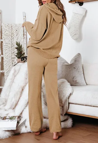 Vista 2 de Viottiset Conjunto de 2 piezas para mujer, suéter de manga larga con capucha y bolsillo, pantalones de pierna ancha, conjuntos de ropa de descanso