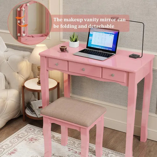 Vista 5 de YIXHQ Tocador con luces para niñas, juego de escritorio con cajones, tocador de maquillaje con espejo y luces, tocador de maquillaje rosa