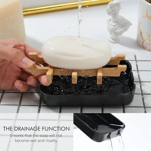 Vista 3 de Jaboneras para barra de jabón, soporte de jabón de baño negro, soporte de bambú para ducha de baño, lavabo de baño