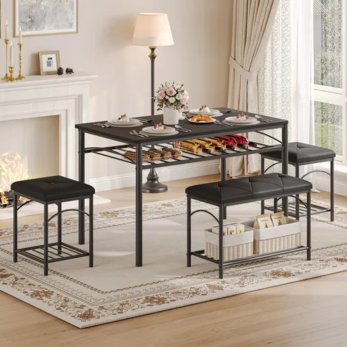 Vista 2 de GarveeHome Juego de mesa de comedor para 4 personas con bancos tapizados y 2 taburetes, moderna mesa de desayuno de cocina que ahorra espacio, ideal