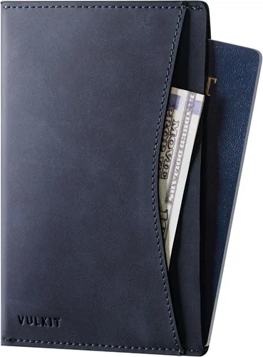 Vista 8 de VULKIT Funda para pasaporte, diseño ultradelgado, funda de piel para pasaporte, bloqueo RFID con 2 ranuras para tarjetas, artículos esenciales