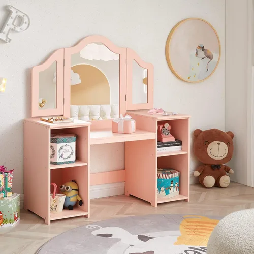 Vista 4 de Kovhzcu Tocador para Niños, Gabinete de Almacenamiento de Tocador de Maquillaje de Princesa 2 en 1 con Parte Superior Desmontable, Juego de Tocador