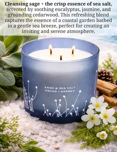 Vista 2 de Vela de 3 mechas de sal marina de salvia blanca, vela grande perfumada de soja de 14.5 onzas, vela de salvia para limpieza de casa, vela de limpieza