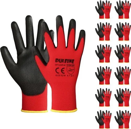 Guantes de trabajo de seguridad con revestimiento de poliuretano, 12 pares, guantes de punto sin costuras rojos con revestimiento de poliuretano,