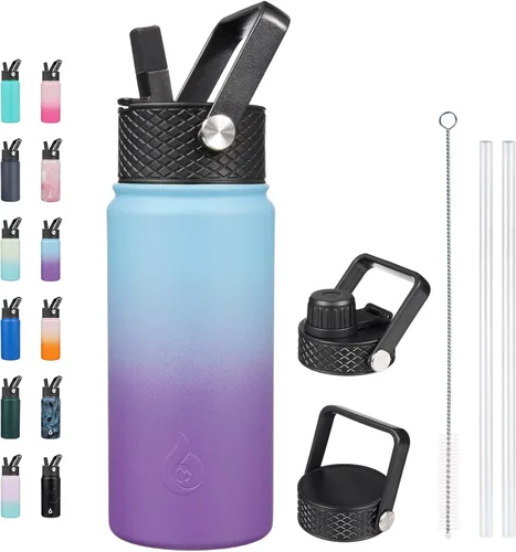 Vista 118 de BJPKPK - Botellas de agua aisladas con tapa de popote, botella de agua de acero inoxidable de 27 onzas con 3 tapas, termo de metal libre de BPA a