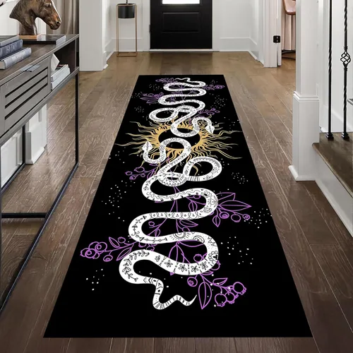 Vista 2 de Alfombra de pasillo de serpiente, 1.3 x 7 pies, diseño gótico, sol, estrellado, morado, floral, blanco y negro, alfombra bohemia, suave, resistente