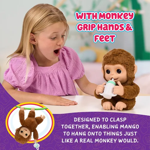 Vista 5 de Little Live Pets My Baby Monkey Mango, más de 50 sonidos y reacciones, juego de peluche interactivo de mono con accesorios, mascotas interactivas
