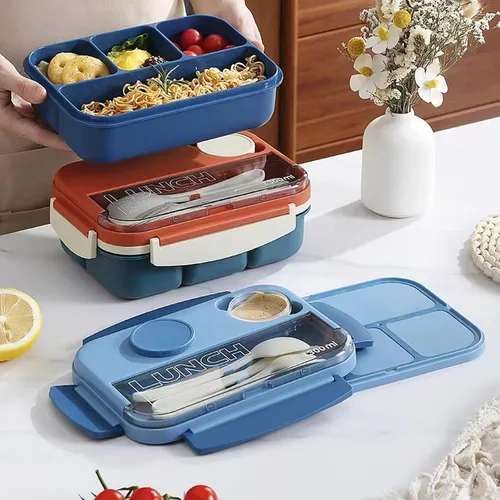 Vista 7 de Bento Box - Lonchera para adultos, recipientes de 44 onzas con 4 compartimentos, contenedor de alimentos con utensilios, tarro de salsa, apto