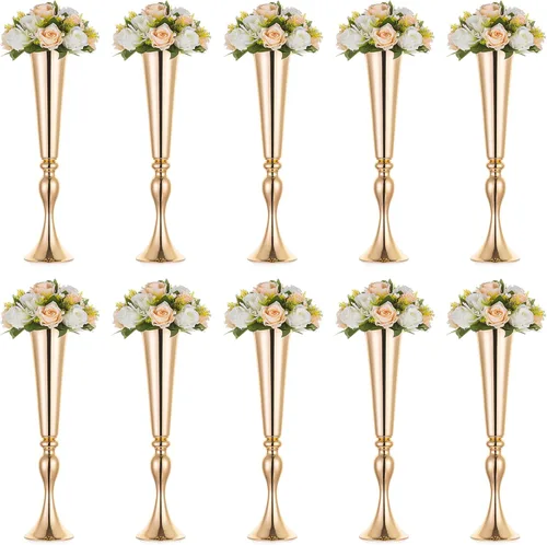 Vista 10 de NUPTIO Mesa de centro de mesa alta dorada: jarrones de trompeta de 21.9 pulgadas para boda, soporte de flores de metal para decoraciones de fiesta