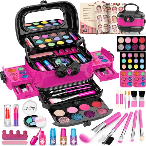 Vista 12 de Hollyhi Kit de Maquillaje de 58 Piezas para Niñas, Juguetes de Princesa, Set de Cosméticos Reales Lavables con Espejo, Sets de Maquillaje
