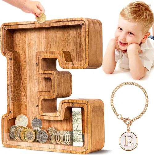 Vista 116 de SummiDate Alcancía de madera de letra para niños y niñas, Alfabeto, regalo de cumpleaños para niños (W)
