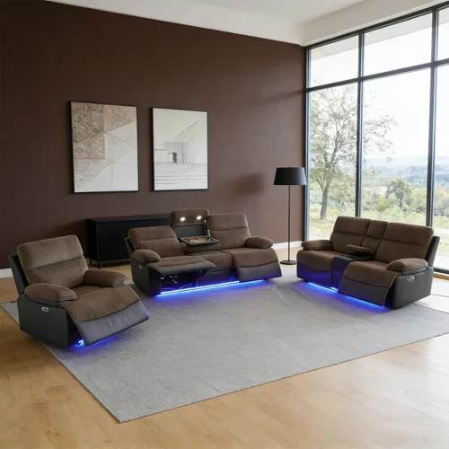Vista 15 de Juego de sofá reclinable eléctrico para sala de estar, juego de sofá reclinable de pana con luces LED, puertos USB, almacenamiento oculto, juego