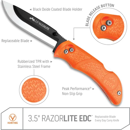 Vista 3 de OUTDOOR EDGE Razor-Lite Cuchillo de Caza Plegable – Hojas de Afeitar Reemplazables de 3.5″, Mango de Goma Antideslizante, Seguridad de Bloqueo