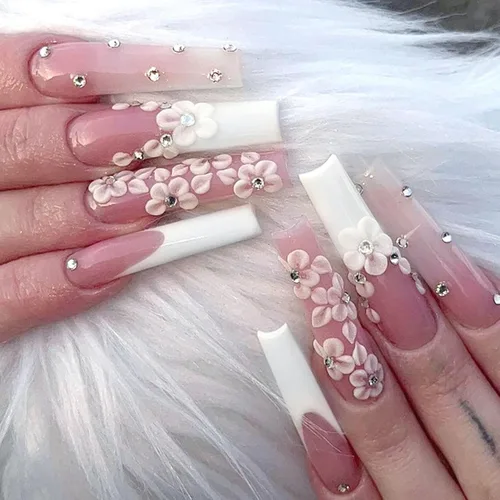Vista 30 de Uñas postizas a presión con punta francesa, cuadradas, largas, medianas, con lazo 3D, diseños de línea de copo de nieve, uñas de invierno, uñas a