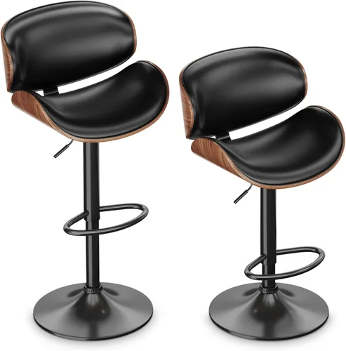 Vista 10 de ONME Juego de 4 taburetes de bar giratorios de altura ajustable de madera curvada, silla de bar tapizada de piel sintética con respaldo y reposapiés