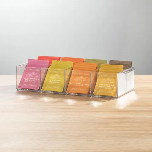 Vista 8 de mDesign - Recipiente organizador compacto de plástico para almacenamiento de té, 8 secciones divididas, asas integradas; soporte para bolsitas