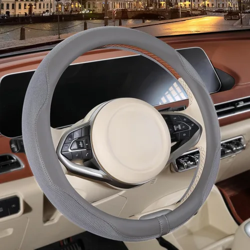 Vista 34 de Funda para volante de 14 pulgadas en forma de D para Prius Civic, piel de microfibra de napa antideslizante, transpirable, cálida en invierno