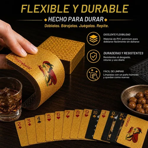 Vista 6 de 10 Paquetes de Cartas de Juego - 5 Negras 5 Doradas HD, 54 Cartas de Póquer Estándar de Plástico Impermeable para Fiestas Familiares Negro y dorado