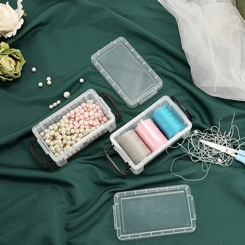 Vista 5 de BTSKY Paquete de 6 pequeñas cajas de almacenamiento de plástico transparente con tapa, mini organizador de cajas de costura con pestillo negro