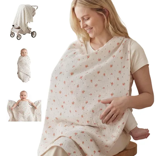 Vista 19 de Blissful Diary Funda de lactancia de muselina para lactancia materna, cubierta transpirable con cuello de arco para mujeres, delantal de lactancia
