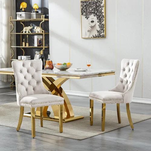 Vista 8 de Mesa de comedor de mármol blanco y dorado de 68.11 pulgadas con 6 sillas de comedor de terciopelo beige, juego de mesa de comedor de mármol Mesa