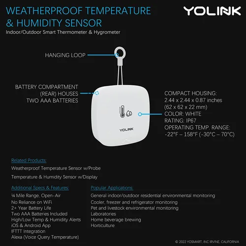 Vista 8 de YoLink Sensor inteligente de temperatura y humedad para exteriores, higrómetro, termómetro, alcance de 1000', vida útil de la batería de 2+ años