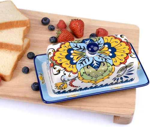 Vista 4 de NAGU Mantequillera de cerámica dibujada a mano con tapa, bandeja de mantequilla de granja con tapa, soporte para contenedor de queso vintage